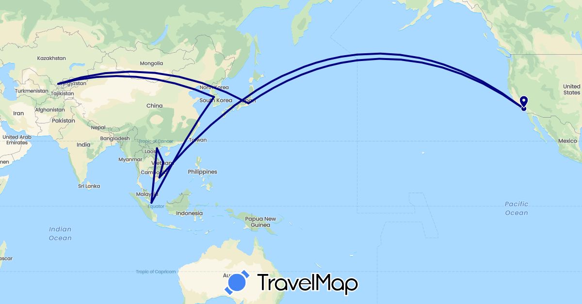 TravelMap itinerary: driving in Japan, South Korea, Singapore, United States, Uzbekistan, Vietnam (Asia, North America)